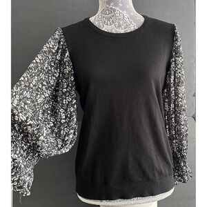 Adrianna Papell Black Knit Top With Sheer Balloon Floral Balloon Sleeves Size M